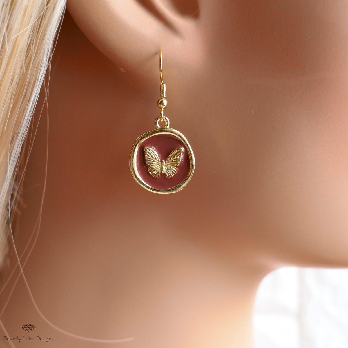 Butterfly Enamel Charm Earrings, Brown Dangle Earrings, Handmade Vintage Butterfly Jewelry, Sensitive Ear & Clip-On Options