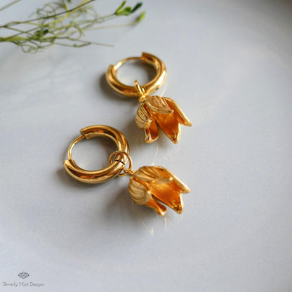 Gold Flower Drop Hoop Earrings Tulip Inspired Lightweight Elegant Dangle Earrings Minimalist Jewelry
