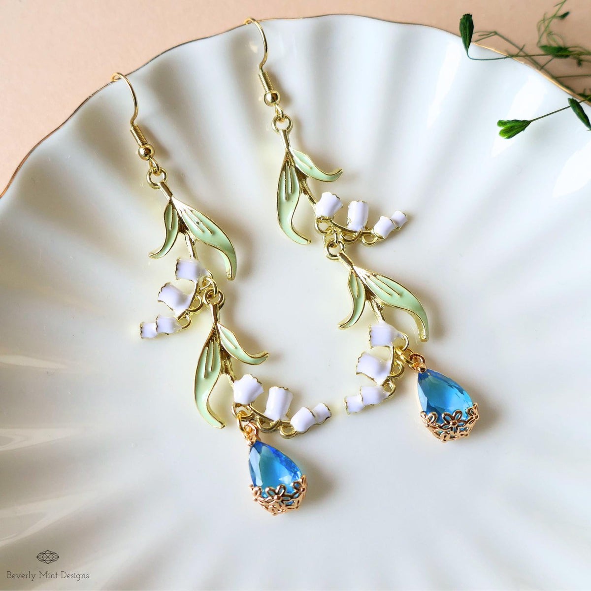 Lily of the Valley Earrings Gold Drop Earrings with Teardrop ,Botanical Bridal Jewelry Nature Inspired, Sensitive Ear & Clip-On Options