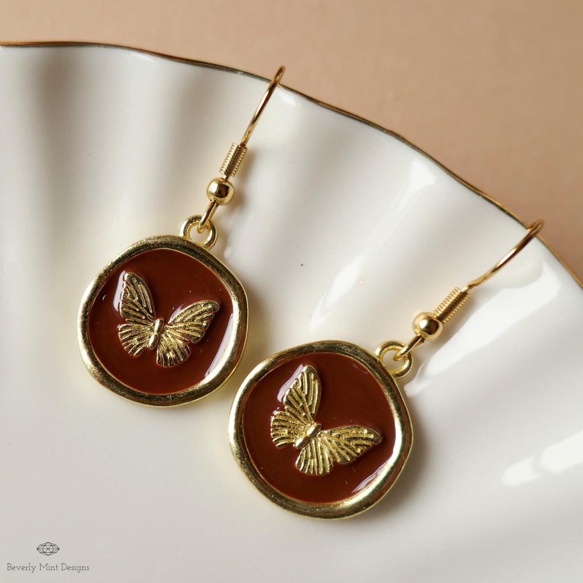 Butterfly Enamel Charm Earrings, Brown Dangle Earrings, Handmade Vintage Butterfly Jewelry, Sensitive Ear & Clip-On Options
