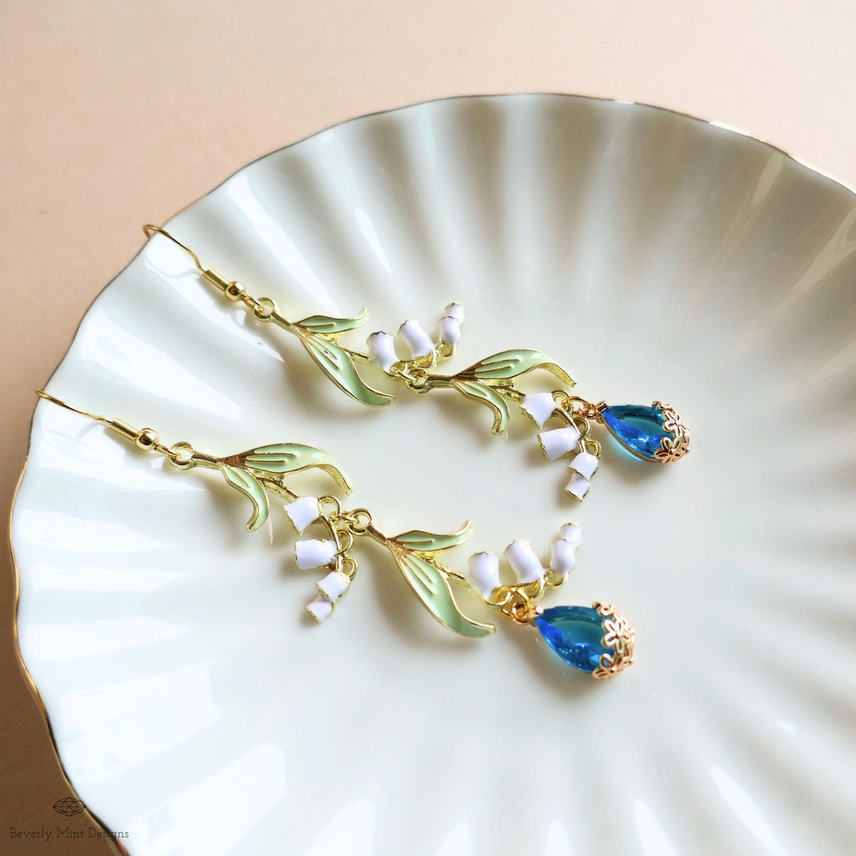 Lily of the Valley Earrings Gold Drop Earrings with Teardrop ,Botanical Bridal Jewelry Nature Inspired, Sensitive Ear & Clip-On Options