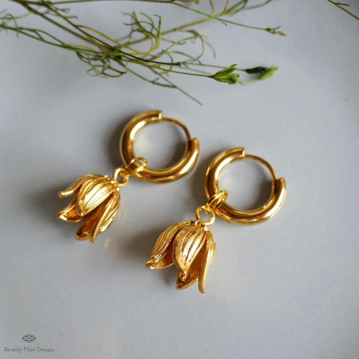 Gold Flower Drop Hoop Earrings Tulip Inspired Lightweight Elegant Dangle Earrings Minimalist Jewelry