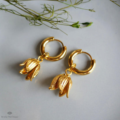 Gold Flower Drop Hoop Earrings Tulip Inspired Lightweight Elegant Dangle Earrings Minimalist Jewelry