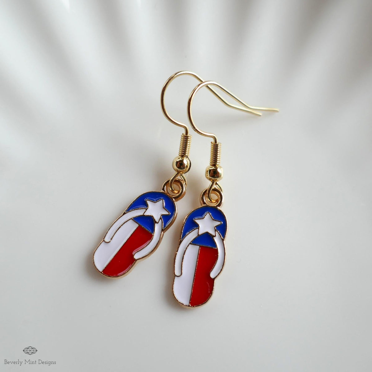 Patriotic Flip Flop Earrings, Red White Blue Sandal Jewelry, USA 4th of July Earrings, Sensitive Ear & Clip-On Options