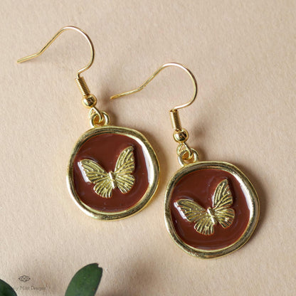 Butterfly Enamel Charm Earrings, Brown Dangle Earrings, Handmade Vintage Butterfly Jewelry, Sensitive Ear & Clip-On Options