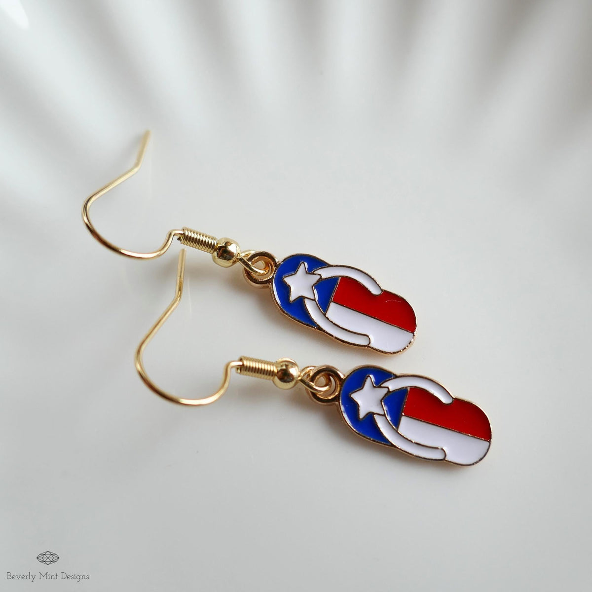 Patriotic Flip Flop Earrings, Red White Blue Sandal Jewelry, USA 4th of July Earrings, Sensitive Ear & Clip-On Options