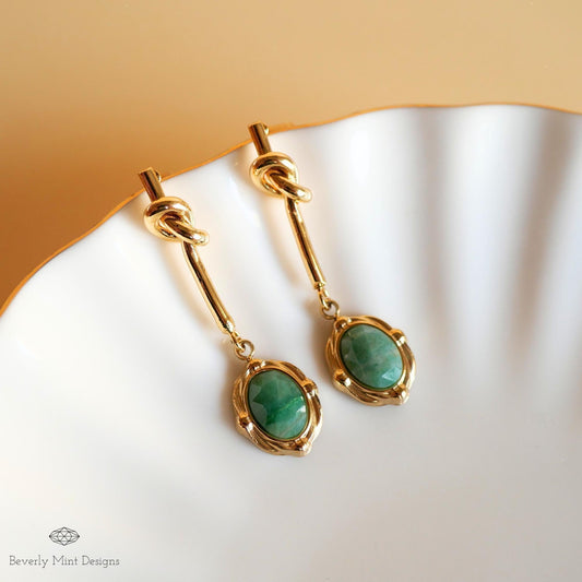 Gold Drop Earrings with Green Stone ,Vintage-Style Dangle Earrings , Elegant Knot Design Jewelry for Women ,
