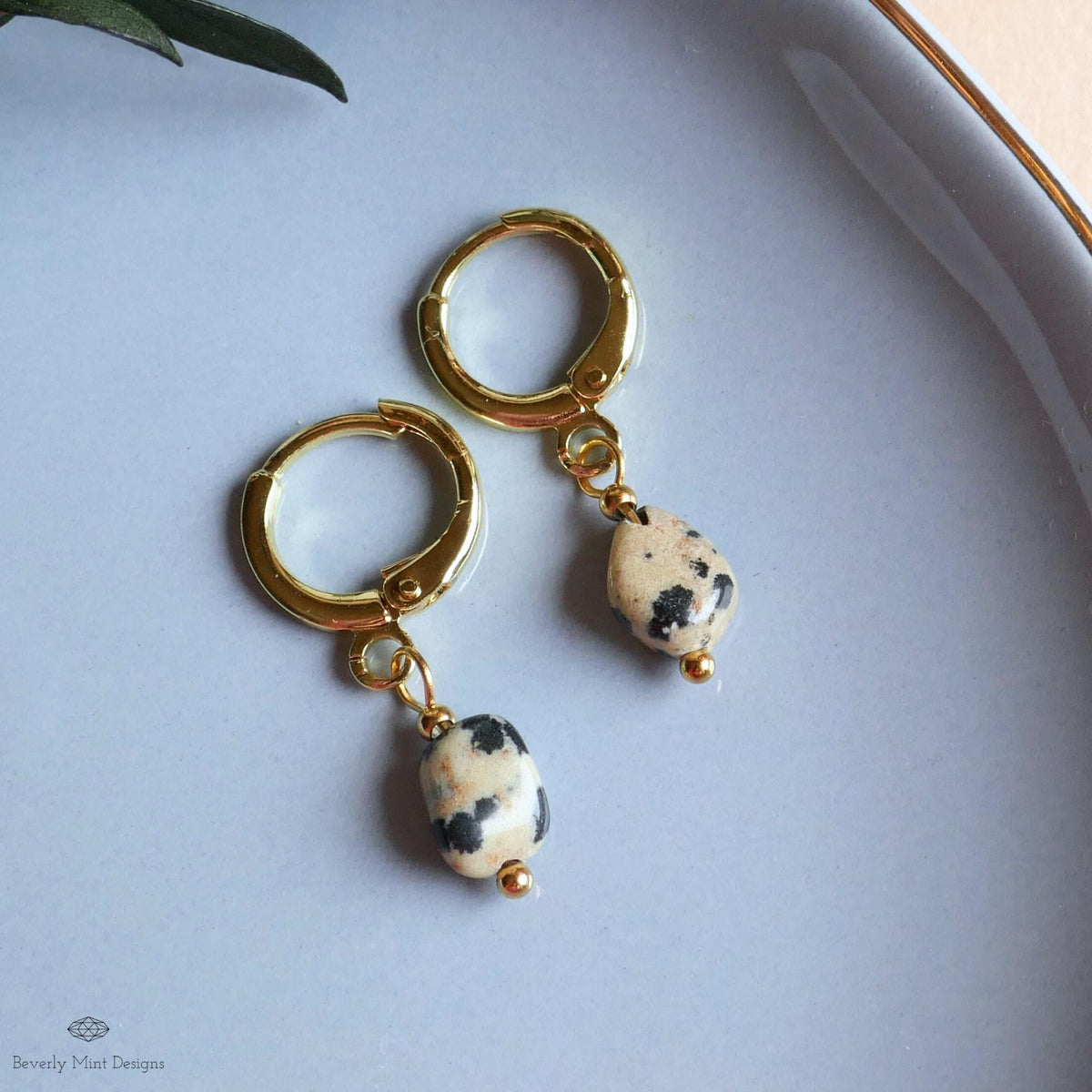 Dalmatian Jasper Earrings, Gold Huggie Hoop Earrings, Zebra Rock Jewelry, Dainty Stone Hoops, Minimalist, Sensitive Ear & Clip-On Options
