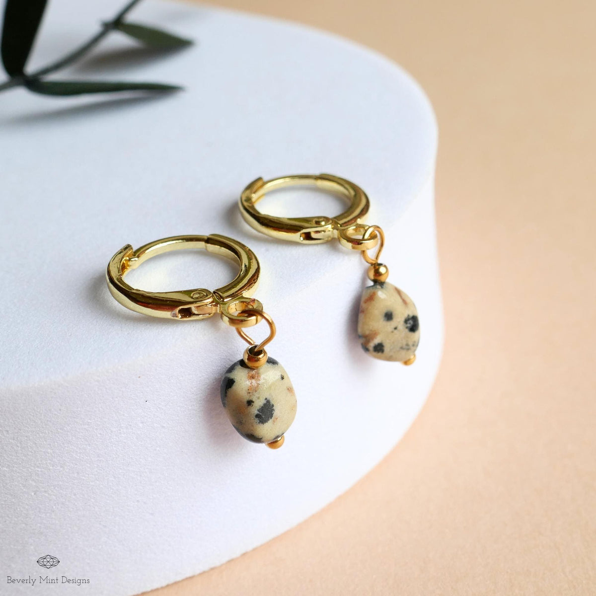 Dalmatian Jasper Earrings, Gold Huggie Hoop Earrings, Zebra Rock Jewelry, Dainty Stone Hoops, Minimalist, Sensitive Ear & Clip-On Options