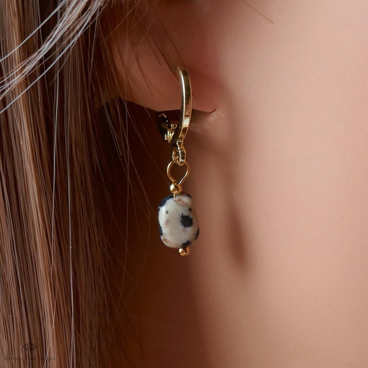 Dalmatian Jasper Earrings, Gold Huggie Hoop Earrings, Zebra Rock Jewelry, Dainty Stone Hoops, Minimalist, Sensitive Ear & Clip-On Options
