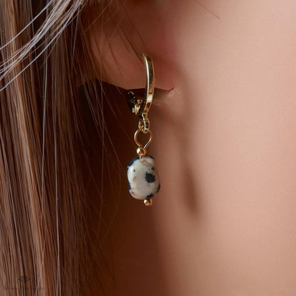 Dalmatian Jasper Earrings, Gold Huggie Hoop Earrings, Zebra Rock Jewelry, Dainty Stone Hoops, Minimalist, Sensitive Ear & Clip-On Options