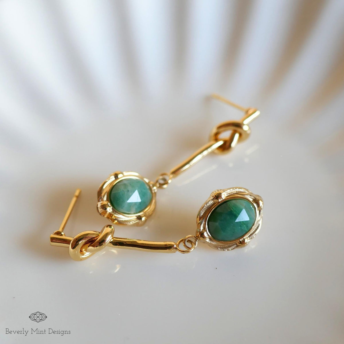 Gold Drop Earrings with Green Stone ,Vintage-Style Dangle Earrings , Elegant Knot Design Jewelry for Women ,