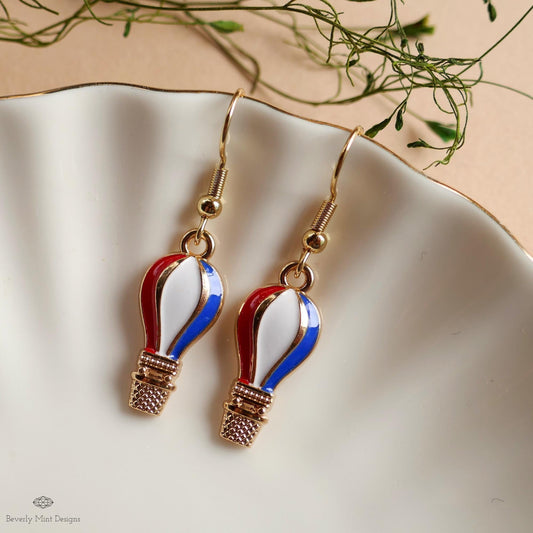 Patriotic Hot Air Balloon Earrings , Red White Blue Dangle Jewelry, USA 4th of July Earrings, Sensitive Ear & Clip-On Options
