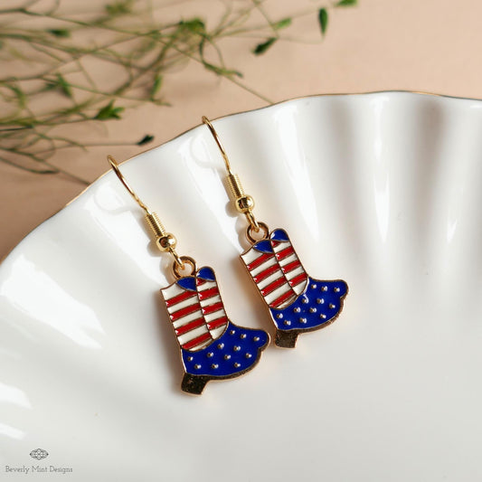 Patriotic Cowboy Boot Earrings , Red White Blue Western Jewelry, USA 4th of July Earrings, Sensitive Ear & Clip-On Options