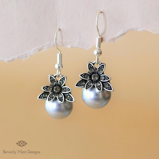Vintage Gray Pearl Drop Earrings , Large Pearl Dangle Earrings , Bride, Wedding, Sensitive Ear & Clip-On Options