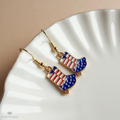 Patriotic Cowboy Boot Earrings , Red White Blue Western Jewelry, USA 4th of July Earrings, Sensitive Ear & Clip-On Options