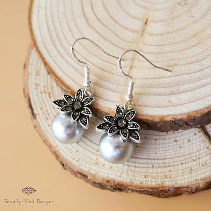 Vintage Gray Pearl Drop Earrings , Large Pearl Dangle Earrings , Bride, Wedding, Sensitive Ear & Clip-On Options