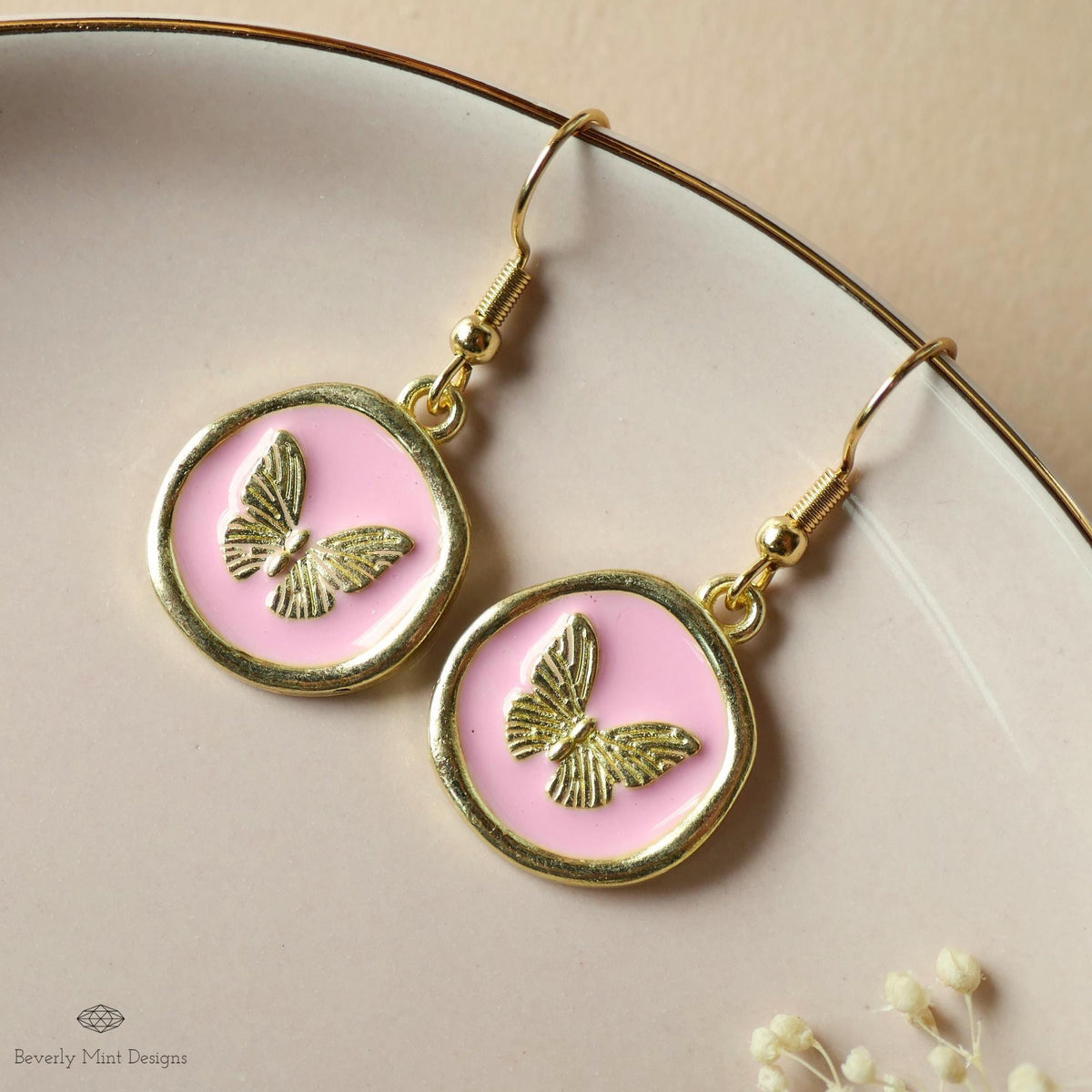Butterfly Enamel Charm Earrings, Pink Dangle Earrings, Handmade Vintage Butterfly Jewelry, Nature Inspired, Sensitive Ear & Clip-On Options