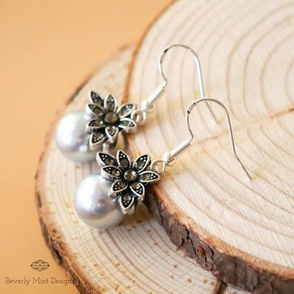 Vintage Gray Pearl Drop Earrings , Large Pearl Dangle Earrings , Bride, Wedding, Sensitive Ear & Clip-On Options
