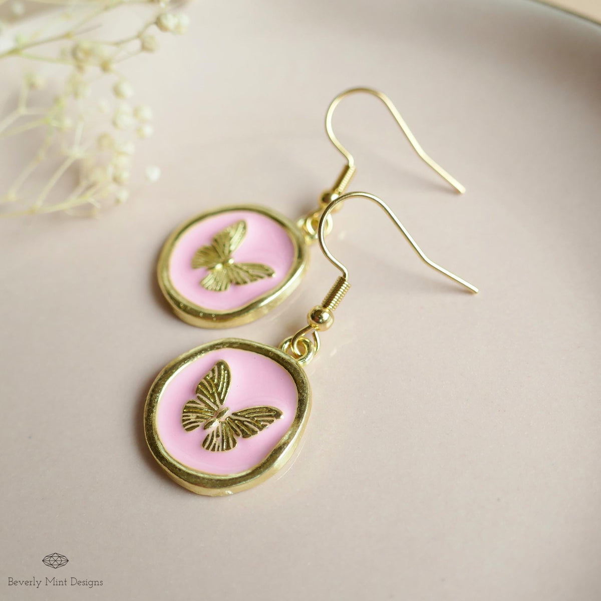 Butterfly Enamel Charm Earrings, Pink Dangle Earrings, Handmade Vintage Butterfly Jewelry, Nature Inspired, Sensitive Ear & Clip-On Options