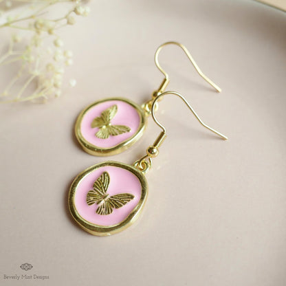 Butterfly Enamel Charm Earrings, Pink Dangle Earrings, Handmade Vintage Butterfly Jewelry, Nature Inspired, Sensitive Ear & Clip-On Options