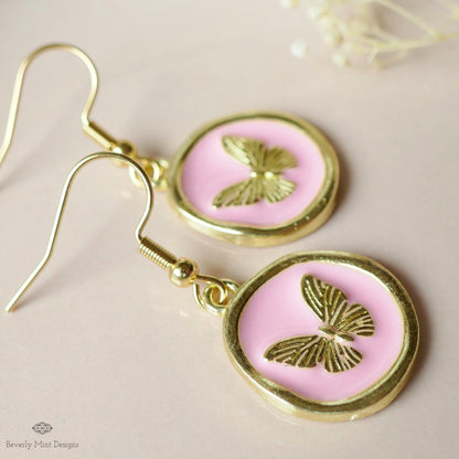 Butterfly Enamel Charm Earrings, Pink Dangle Earrings, Handmade Vintage Butterfly Jewelry, Nature Inspired, Sensitive Ear & Clip-On Options
