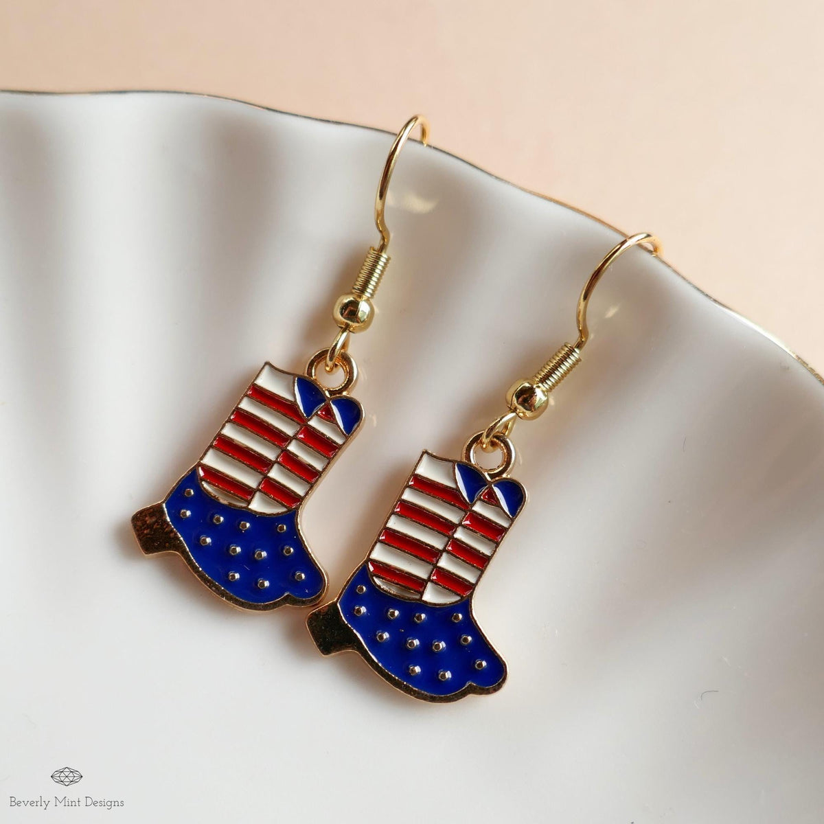 Patriotic Cowboy Boot Earrings , Red White Blue Western Jewelry, USA 4th of July Earrings, Sensitive Ear & Clip-On Options