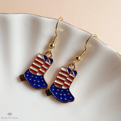 Patriotic Cowboy Boot Earrings , Red White Blue Western Jewelry, USA 4th of July Earrings, Sensitive Ear & Clip-On Options