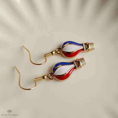 Patriotic Hot Air Balloon Earrings , Red White Blue Dangle Jewelry, USA 4th of July Earrings, Sensitive Ear & Clip-On Options