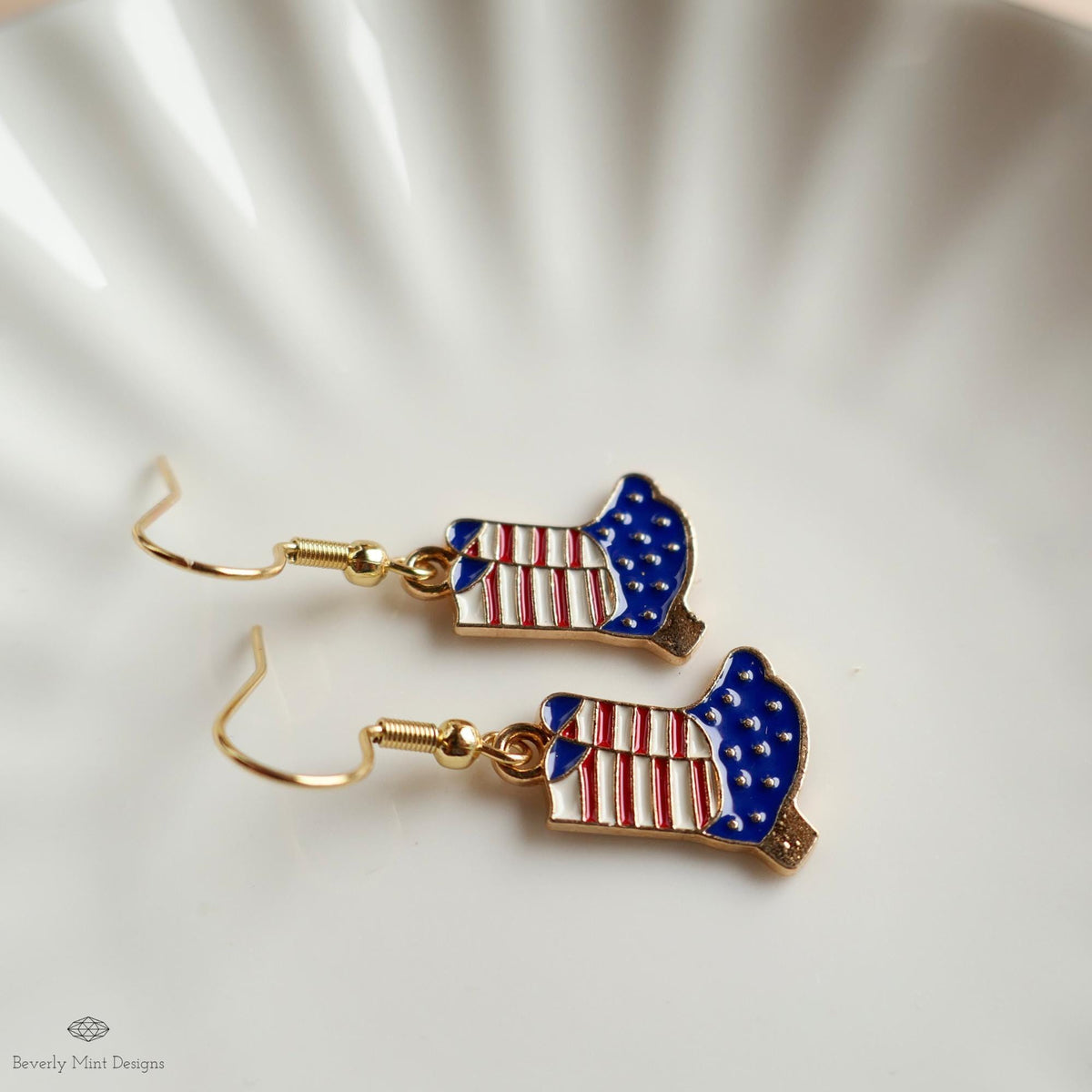 Patriotic Cowboy Boot Earrings , Red White Blue Western Jewelry, USA 4th of July Earrings, Sensitive Ear & Clip-On Options