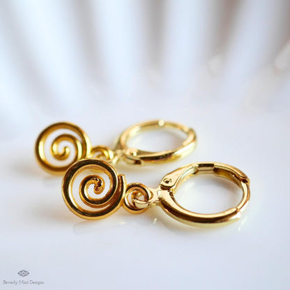 Gold Tiny Spiral Earrings, Mini Swirl Dangle Earrings, Minimalist Boho Jewelry, Celtic Inspired Earrings, Sensitive Ear & Clip-On Options