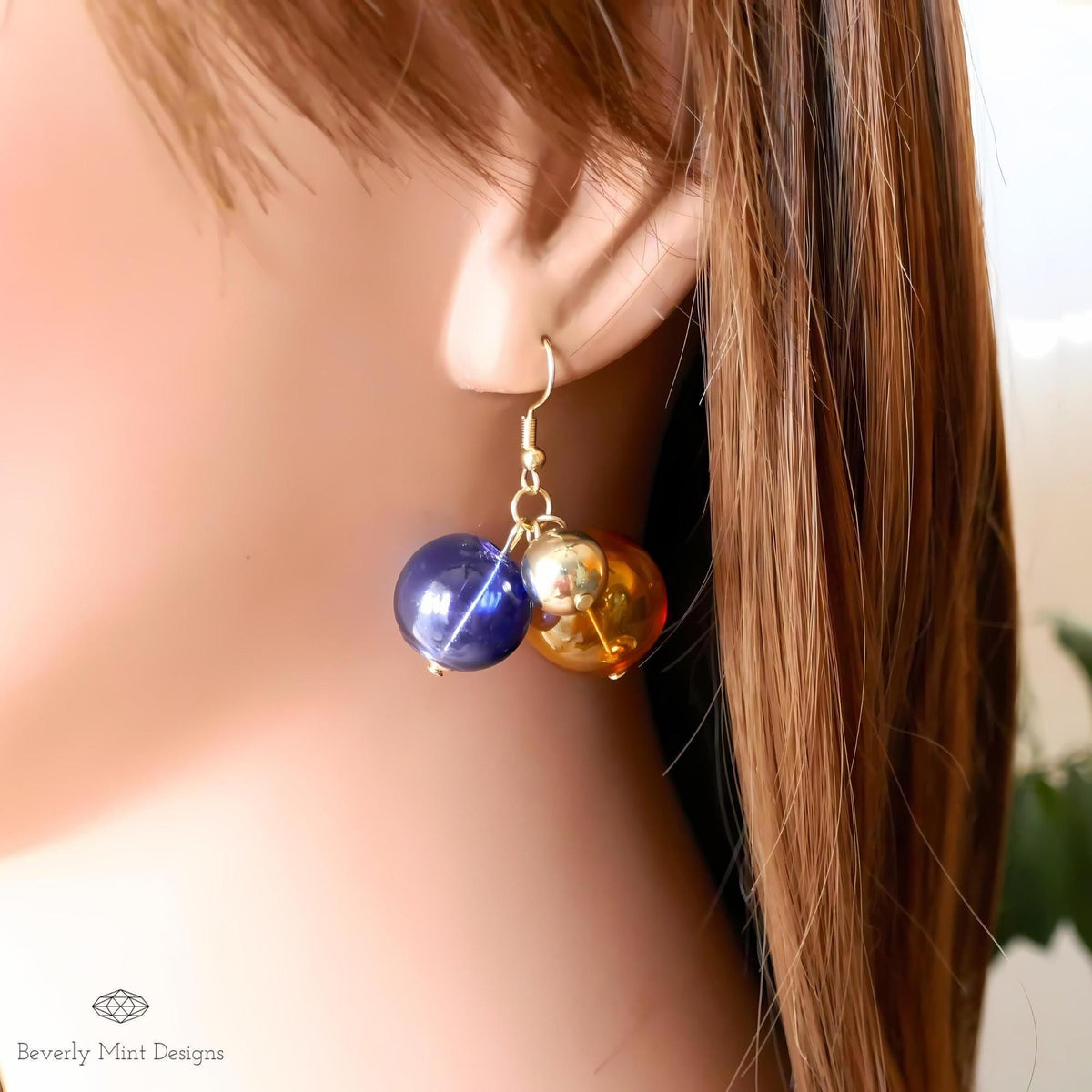 Glass Ball Dangle Long Earrings, 18K Gold Unique Glass Ball Earrings, Dangle and Drop Earrings, Sensitive Ear & Clip-On Options