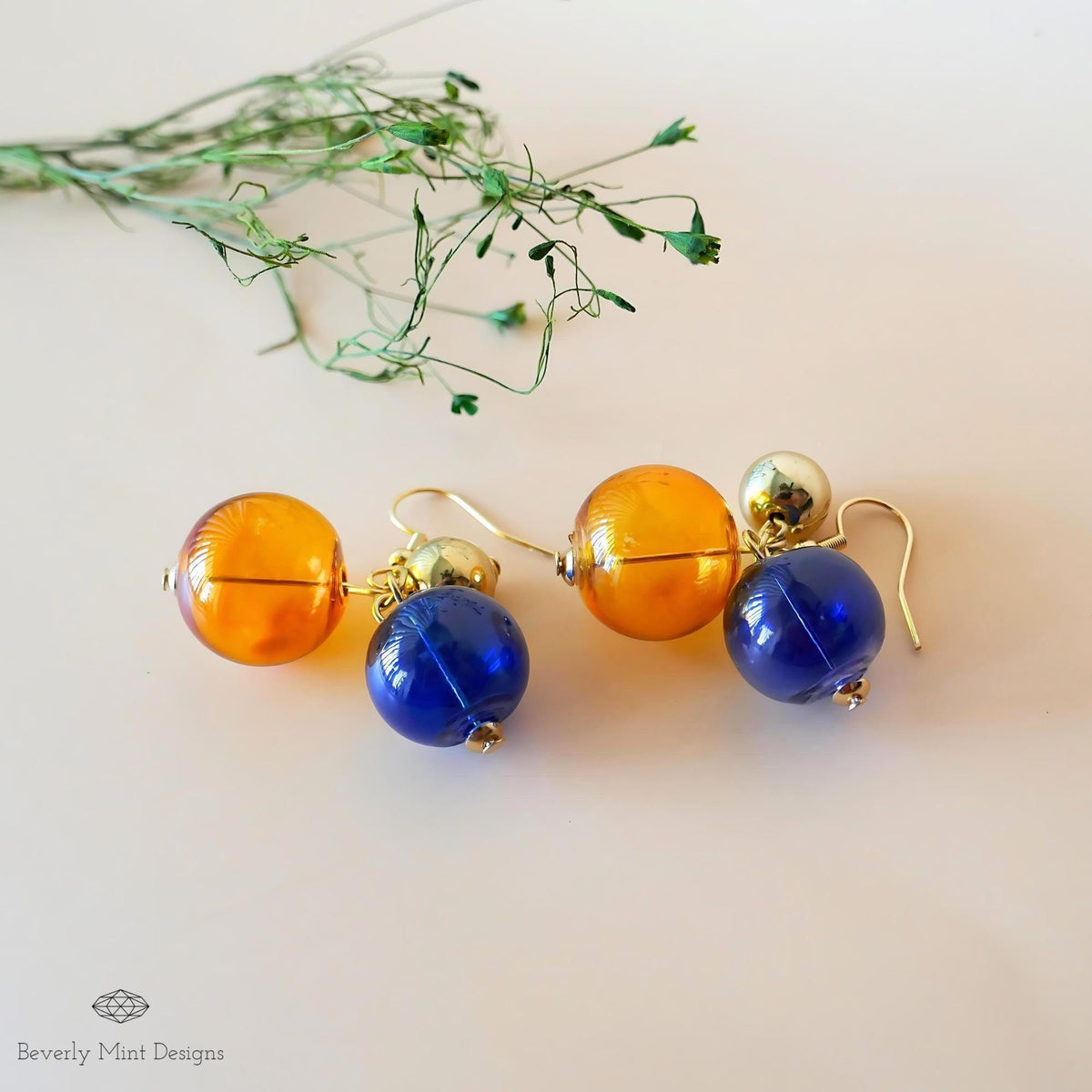 Glass Ball Dangle Long Earrings, 18K Gold Unique Glass Ball Earrings, Dangle and Drop Earrings, Sensitive Ear & Clip-On Options
