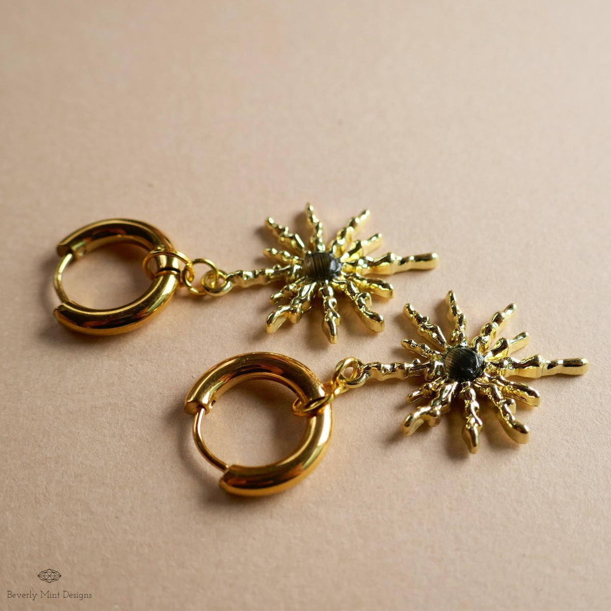 Gold Sunburst Hoop Earrings with Black Stone, Celestial Statement Jewelry, Chunky Huggie Earrings, Boho Dangle Earrings