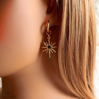 Gold Sunburst Hoop Earrings with Black Stone, Celestial Statement Jewelry, Chunky Huggie Earrings, Boho Dangle Earrings