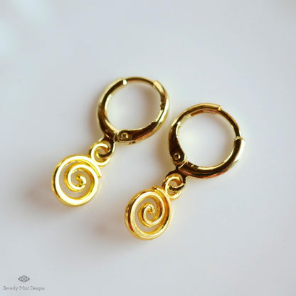 Gold Tiny Spiral Earrings, Mini Swirl Dangle Earrings, Minimalist Boho Jewelry, Celtic Inspired Earrings, Sensitive Ear & Clip-On Options