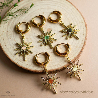 Gold Sunburst Hoop Earrings with Black Stone, Celestial Statement Jewelry, Chunky Huggie Earrings, Boho Dangle Earrings