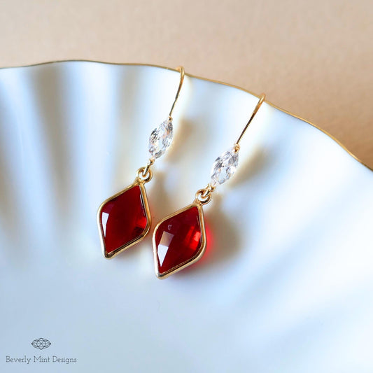 Ruby Red Earrings, Red Stone Cubic Zirconia Drop Earrings, Red Diamond Shaped Earrings, Elegant Faceted Dangle Earrings