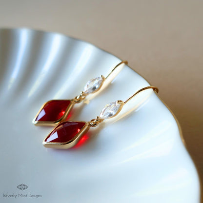 Ruby Red Earrings, Red Stone Cubic Zirconia Drop Earrings, Red Diamond Shaped Earrings, Elegant Faceted Dangle Earrings