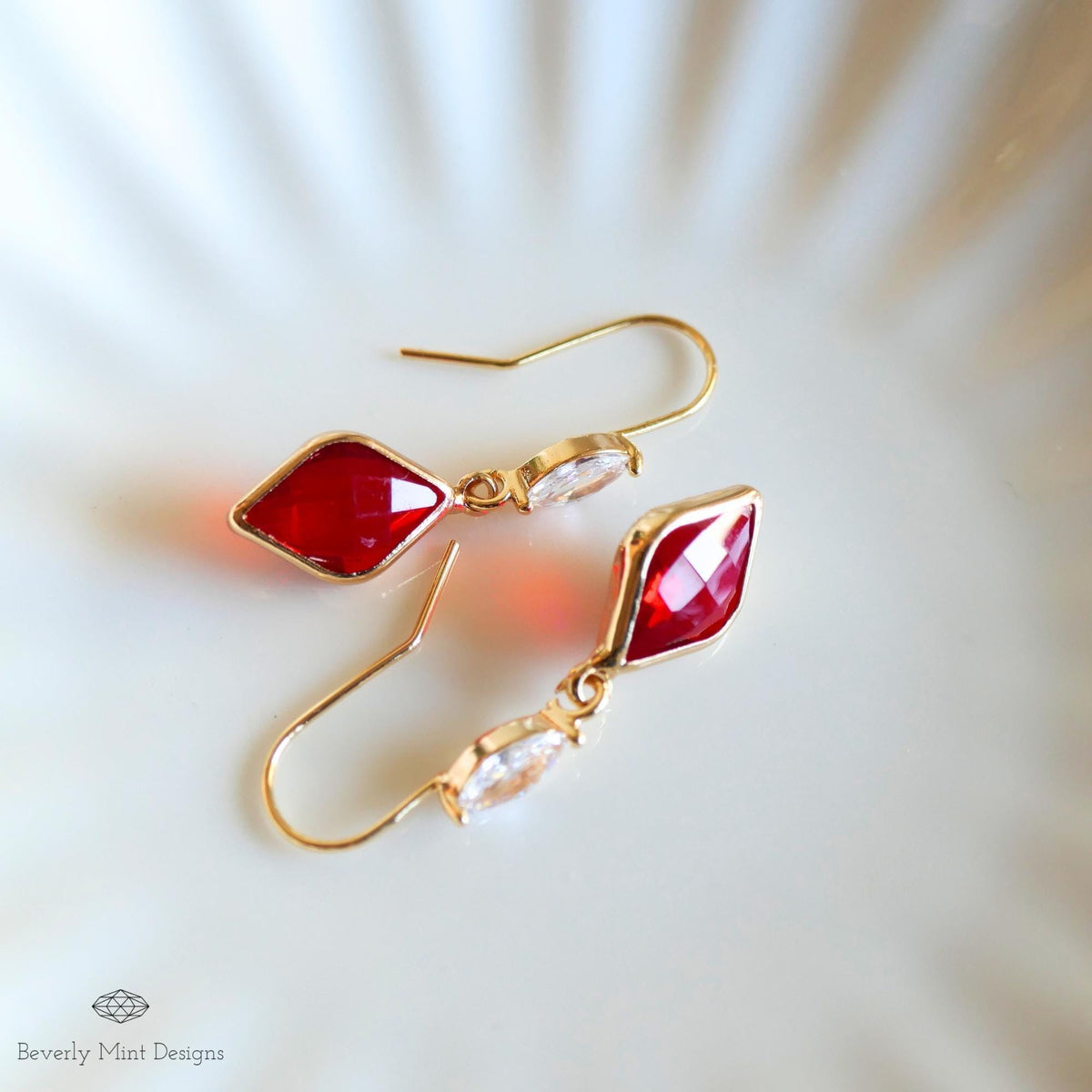Ruby Red Earrings, Red Stone Cubic Zirconia Drop Earrings, Red Diamond Shaped Earrings, Elegant Faceted Dangle Earrings