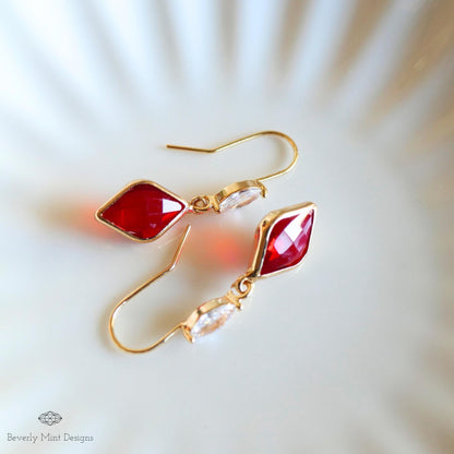 Ruby Red Earrings, Red Stone Cubic Zirconia Drop Earrings, Red Diamond Shaped Earrings, Elegant Faceted Dangle Earrings