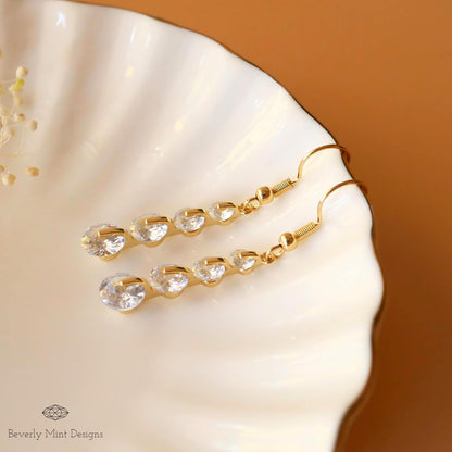18K Gold Crystal Zircon Drop Earrings, Long Dangle Earrings, Elegant Zircon Jewelry, Sensitive Ear & Clip-On Options