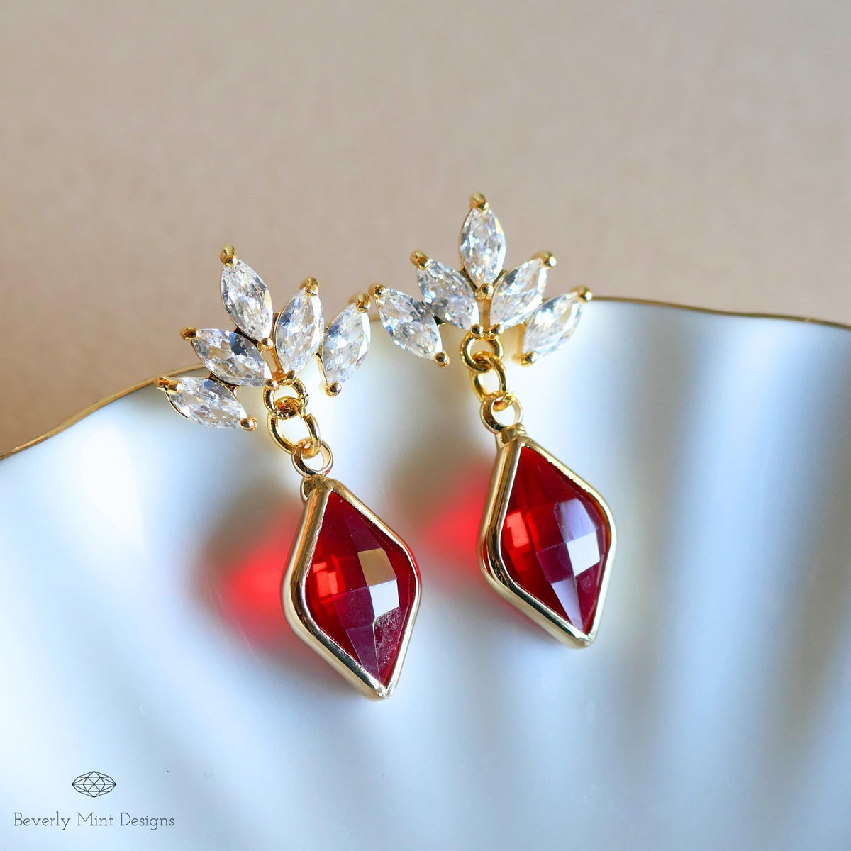 Ruby Red Earrings, Red Stone Cubic Zirconia Earrings, Red Diamond Shaped Earrings, Marquise Crystal Faceted Earrings, Gift For Her
