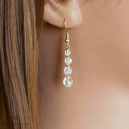 18K Gold Crystal Zircon Drop Earrings, Long Dangle Earrings, Elegant Zircon Jewelry, Sensitive Ear & Clip-On Options