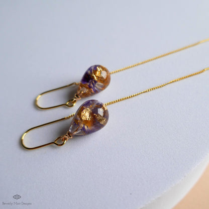Pressed Flower Threader Earrings, Gold Chain Earrings, Resin Floral Jewelry, Dainty Drop Earrings, Sensitive Ear & Clip-On Options