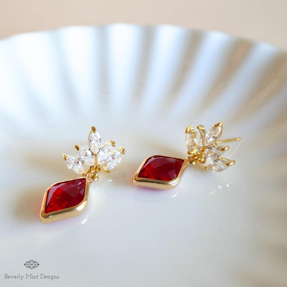 Ruby Red Earrings, Red Stone Cubic Zirconia Earrings, Red Diamond Shaped Earrings, Marquise Crystal Faceted Earrings, Gift For Her