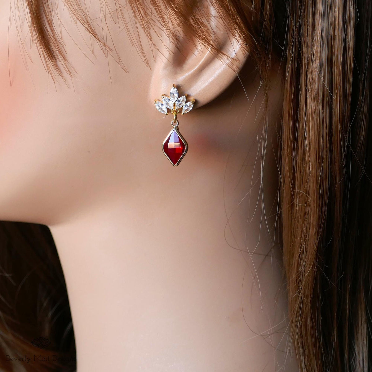 Ruby Red Earrings, Red Stone Cubic Zirconia Earrings, Red Diamond Shaped Earrings, Marquise Crystal Faceted Earrings, Gift For Her