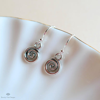 Silver Spiral Earrings, Small Dangle Swirl Earrings, Minimalist Boho Jewelry, Celtic Inspired, Sensitive Ear & Clip-On Options
