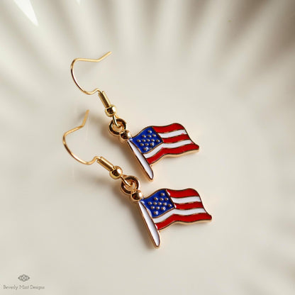 American Flag Earrings, Red White Blue Dangle Jewelry, USA Patriotic Earrings, 4th of July Accessories, Sensitive Ear & Clip-On Options