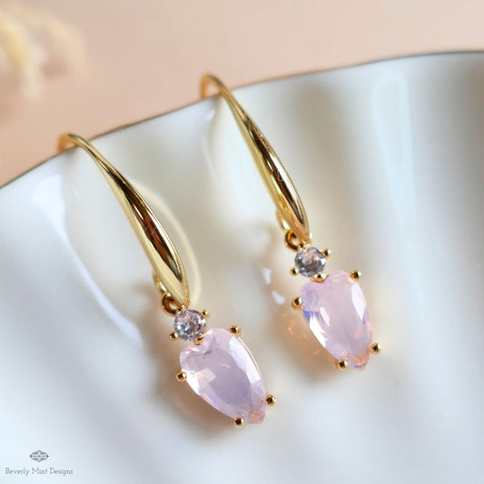 Light Pink Heart Earrings, Minimalist Jewelry, Gold Dangle Earrings, Dainty Drop Earrings, Romantic, Sensitive Ear & Clip-On Options